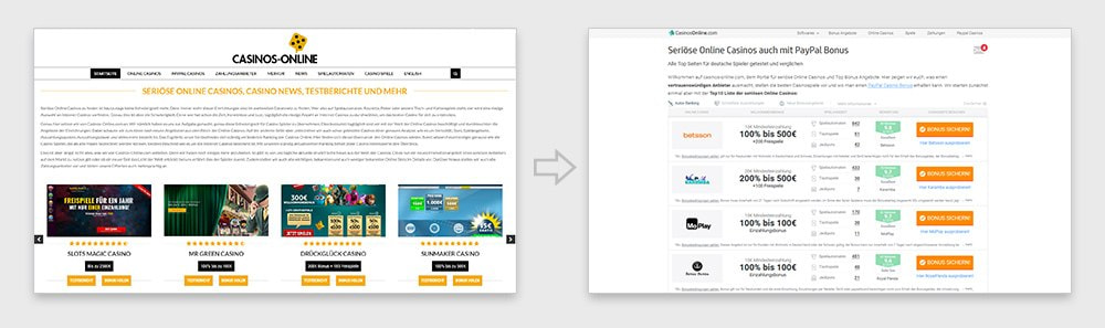 Meine Webseite casinos-online.com vor dem Redesign und danach